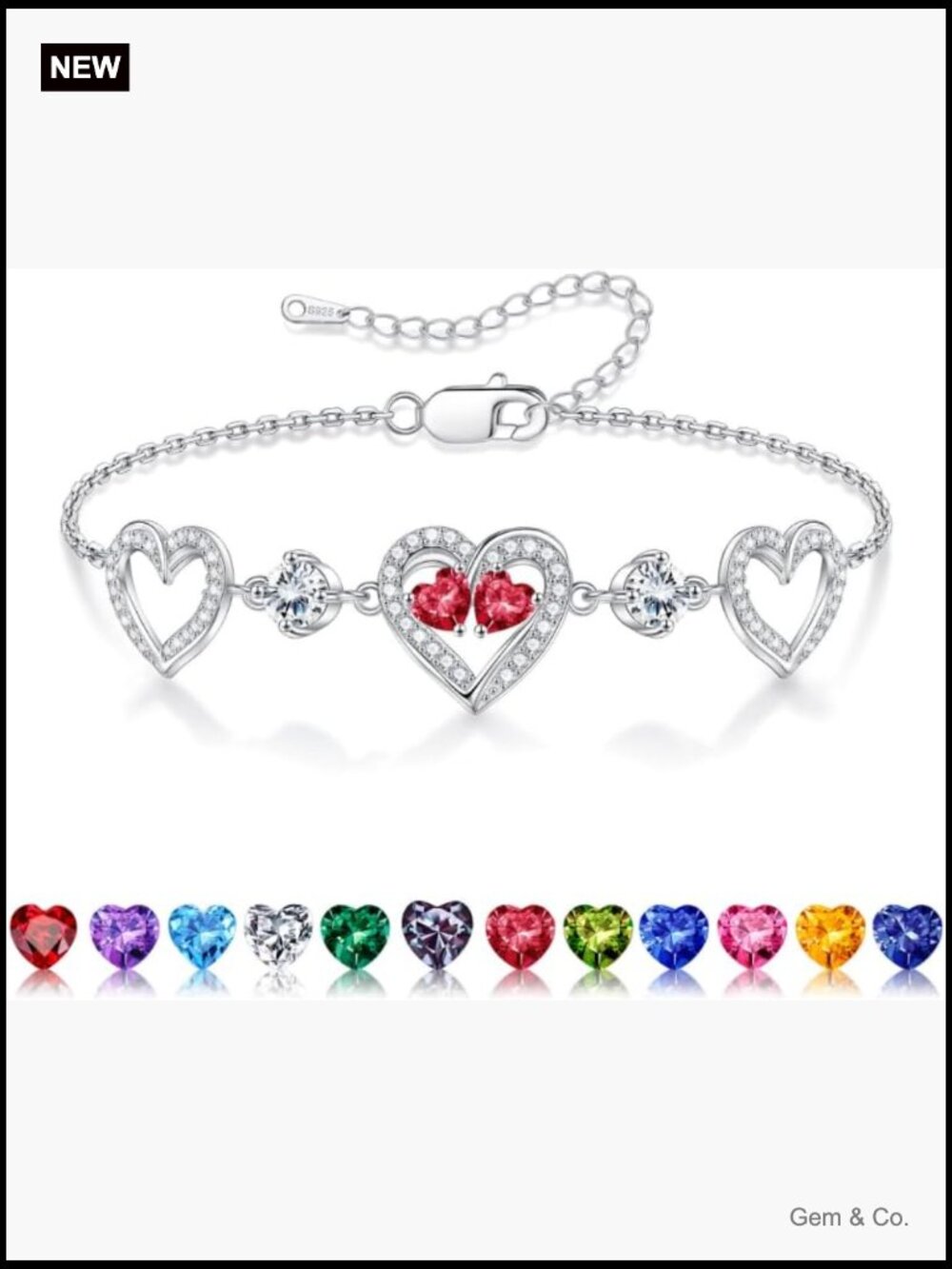925 Sterling Silver Heart Birthstone Bracelet Adjustable Lobster Claw